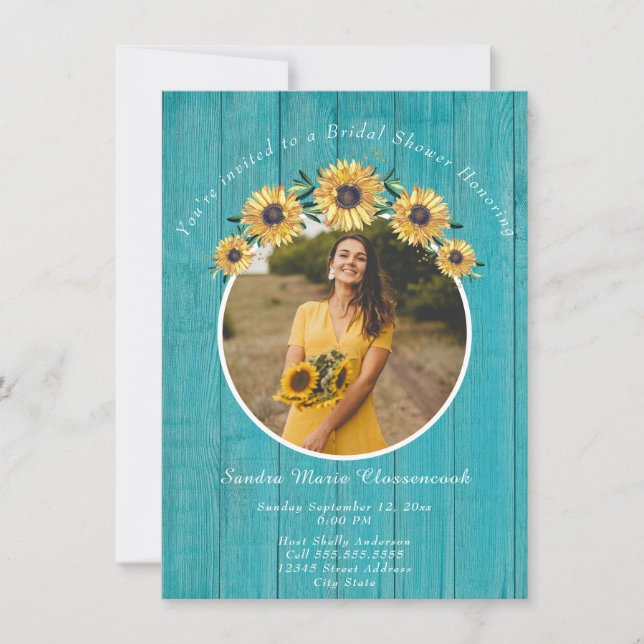 Invitation Tournesol rustique Turquoise Mariage Fête des mari (Devant)