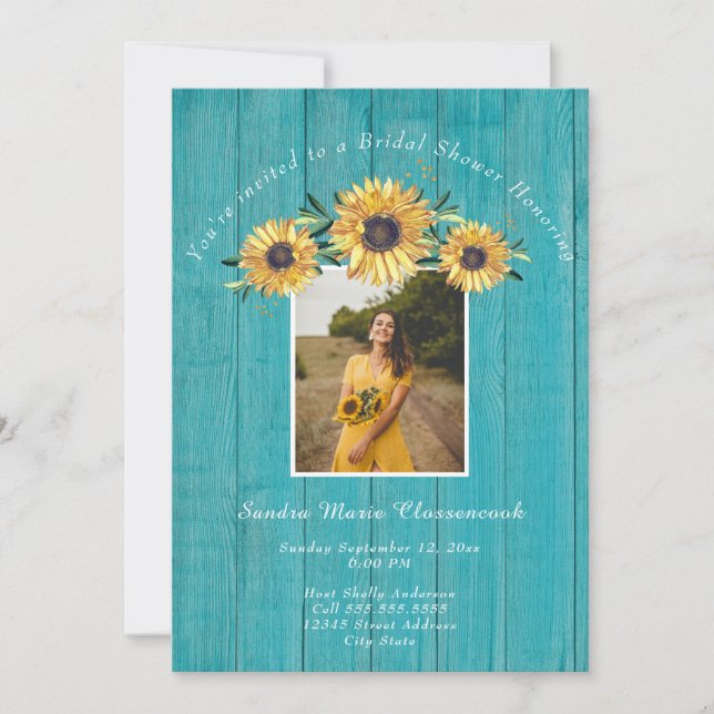 Invitation Tournesol rustique Turquoise Mariage Fête des mari (Devant)