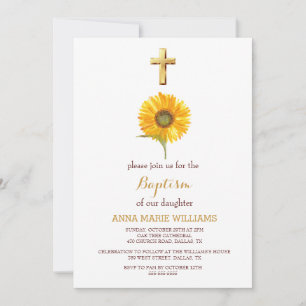 Invitation Tournesol rustique vert Croix d'or Baptême
