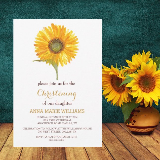 Invitation Tournesol rustique Vert Croix d'or Christening (Créateur téléchargé)