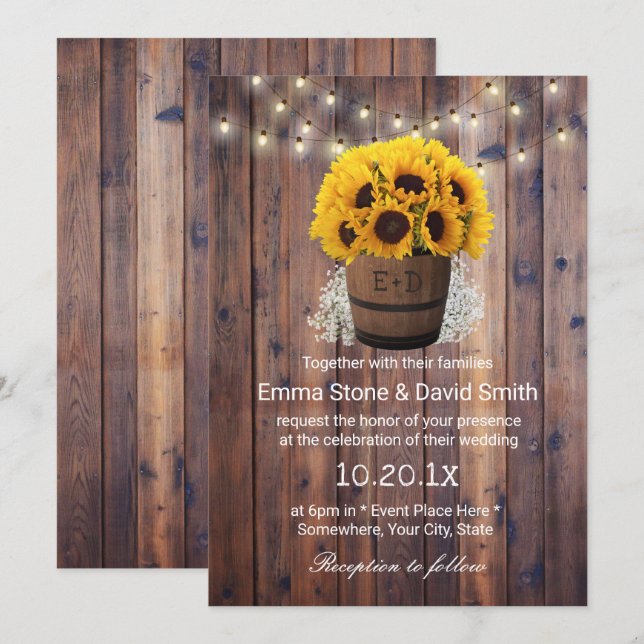 Invitation Tournesol Rustique Vin Barrel Chaîne Lumières Mari (Devant / Derrière)