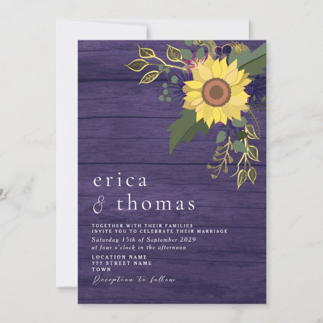 Invitation Tournesol Rustique violet Mariage (Devant)