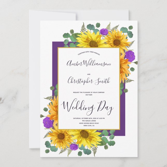 Invitation Tournesol Rustique violet Mariage campagnard Rose (Devant)