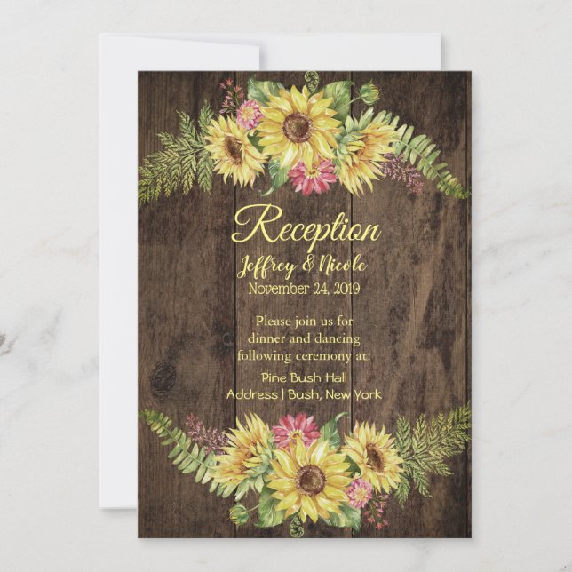 Invitation Tournesol sur Bois Rustique Réception de Mariage à (Devant)