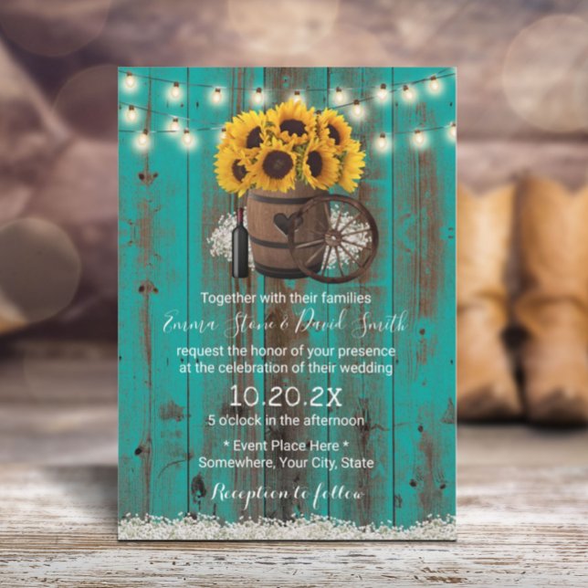 Invitation Tournesol Turquoise Baril de bois de tonneau Maria (Créateur téléchargé)