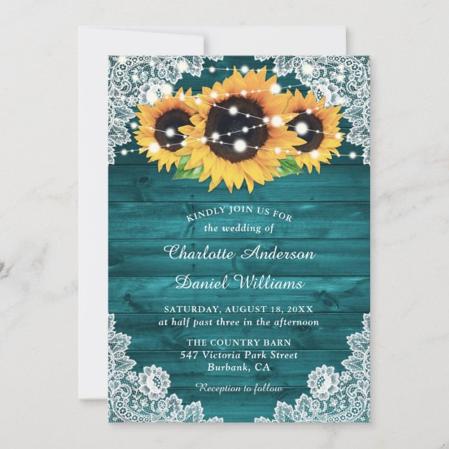 Invitation Tournesol turquoise Rustique Mariage dentelle en b (Devant)