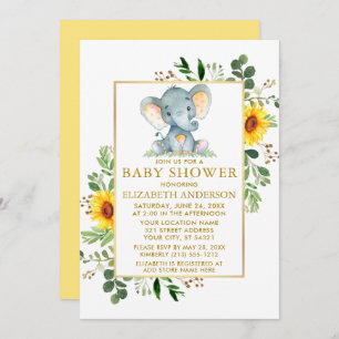 Invitation Tournesol Vert Eléphant Baby shower Or