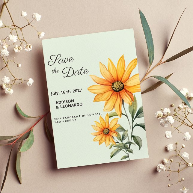 Invitation Tournesol vert orange jaune à la menthe Enregistre (Mint green orange yellow sunflower Save the Date)