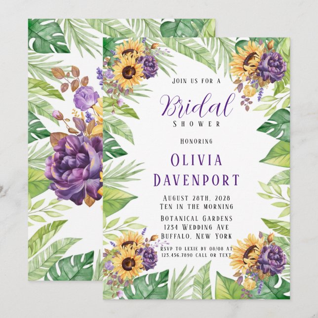 Invitation Tournesol vert violet Fête des mariées florale (Devant / Derrière)