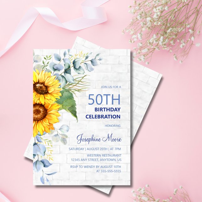 Invitation Tournesol vieilli Mur brique vert Anniversaire (Créateur téléchargé)