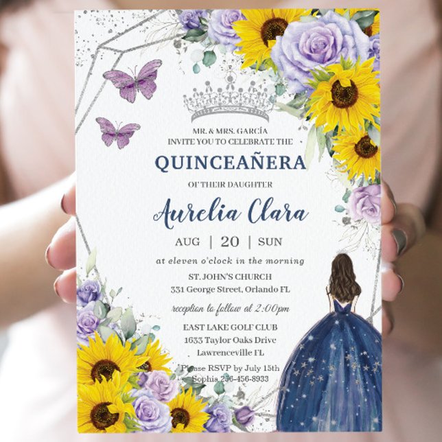 Invitation Tournesol violet Floral Marine Blue Gown Quinceañe (Créateur téléchargé)