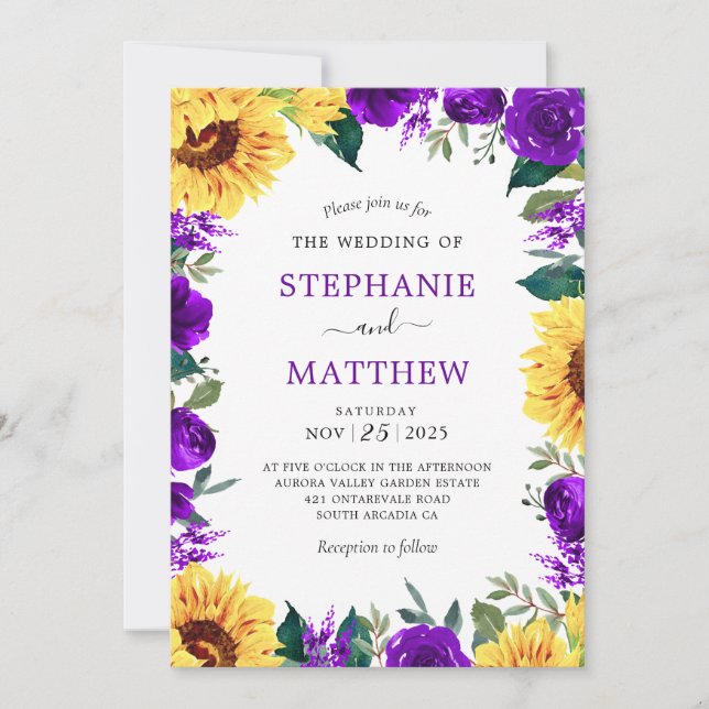 Invitation Tournesol violet Mariage de la frontière florale (Devant)