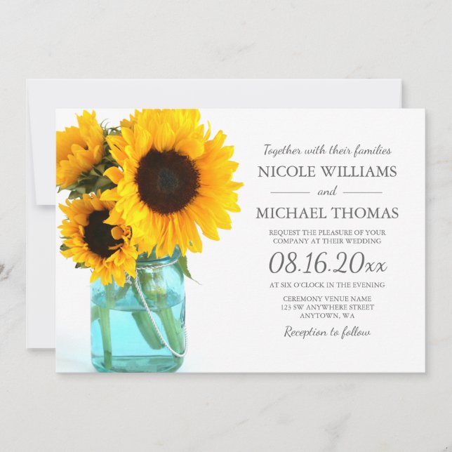 Invitation Tournesols bleus de pot de maçon épousant des (Devant)