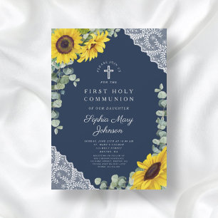 Invitation Tournesols Bleus Élégants Première Sainte Communio