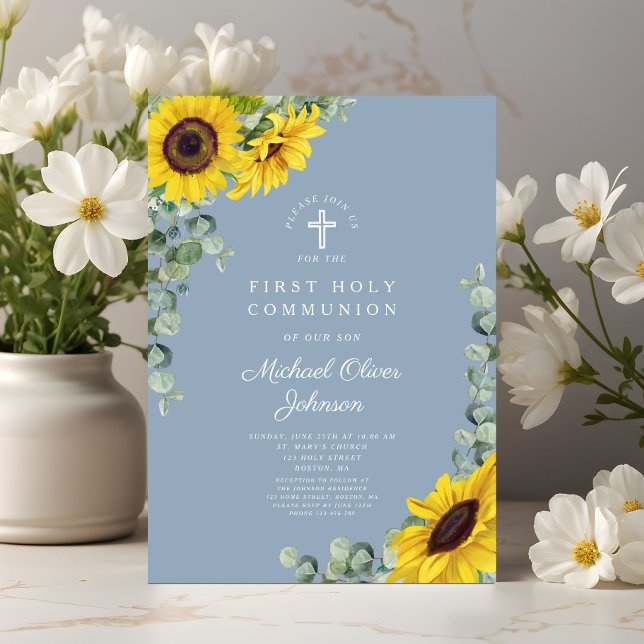 Invitation Tournesols bleus modernes Première Sainte Communio (Modern Blue Sunflowers First Holy Communion Invitation)