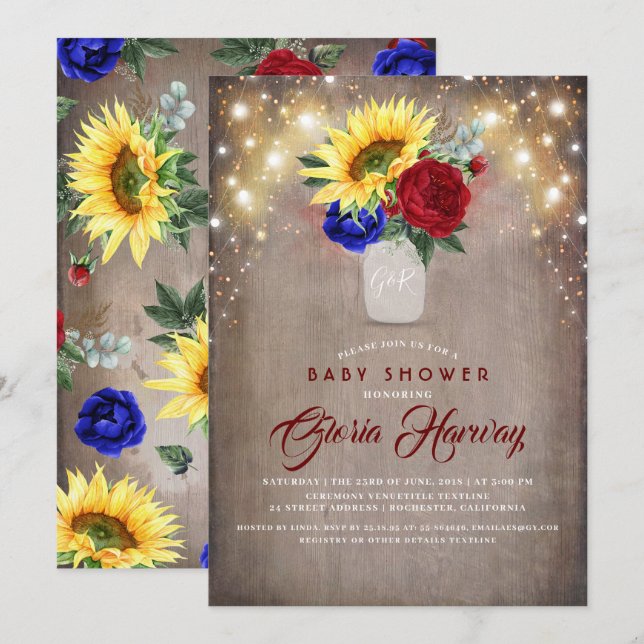 Invitation Tournesols - Bourgogne et Baby shower bleu marine (Devant / Derrière)