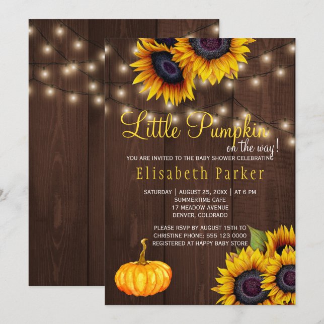 Invitation Tournesols citrouille Fête de bébé en bois rustiqu (Devant / Derrière)