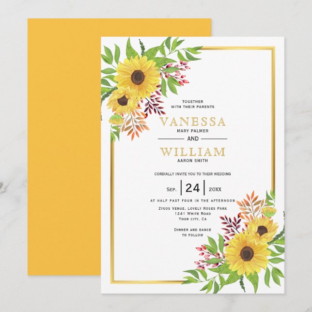 Invitation Tournesols couleur jaune, cadre or mariage (Devant / Derrière)