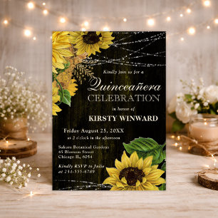 Invitation Tournesols d'automne rustiques en bois et lumières