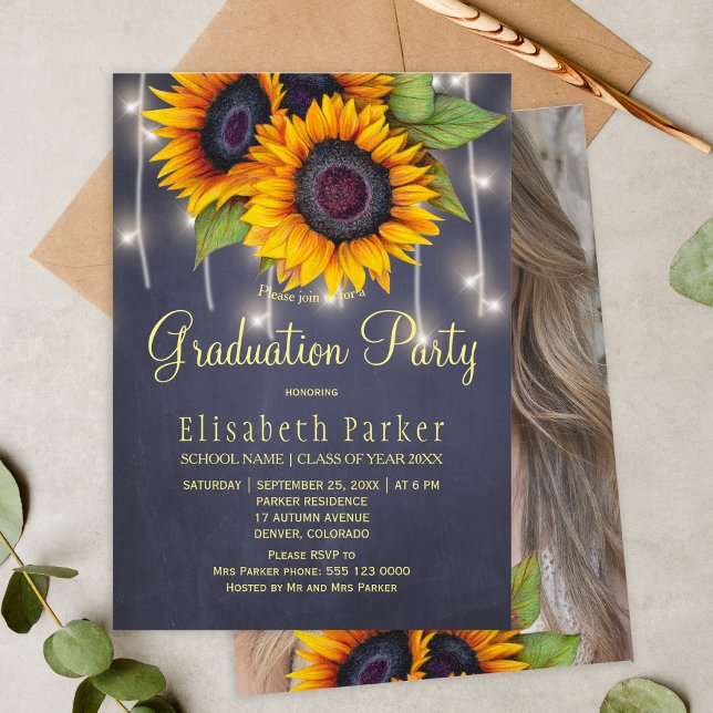 Invitation Tournesols d'or PHOTO fête de graduation rustique (Créateur téléchargé)