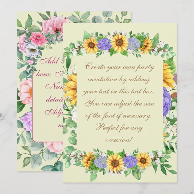 Invitation Tournesols élégants & Hydrangeas bleues (Devant / Derrière)