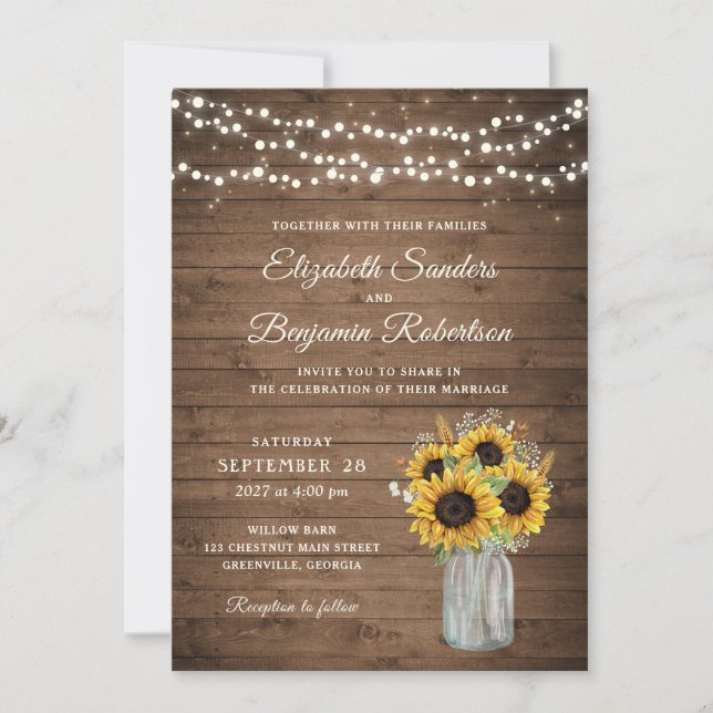Invitation Tournesols en bois rustique Mason Jar Mariage (Devant)
