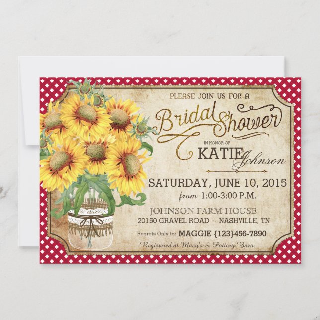 Invitation Tournesols En vichy Fête des mariées de pique-niqu (Devant)