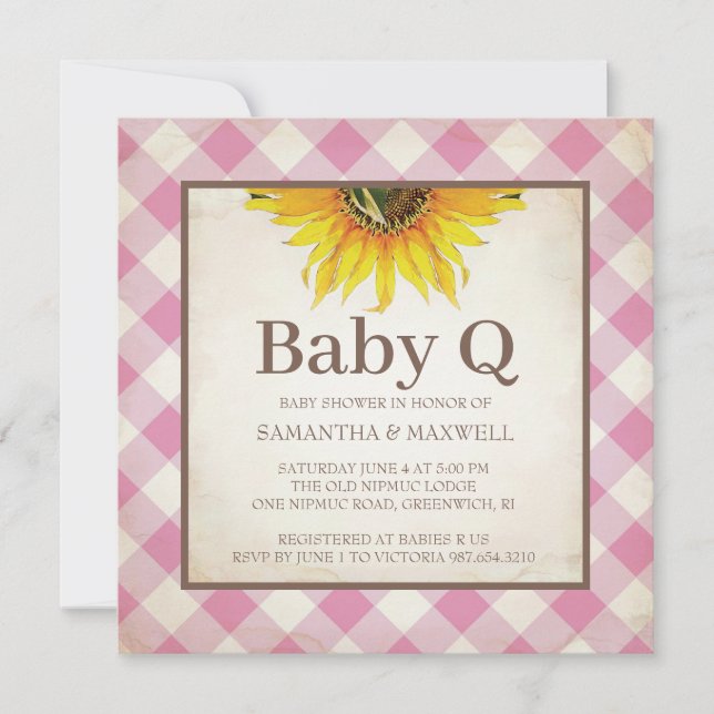 Invitation Tournesols et Baby shower rose En vichy (Devant)