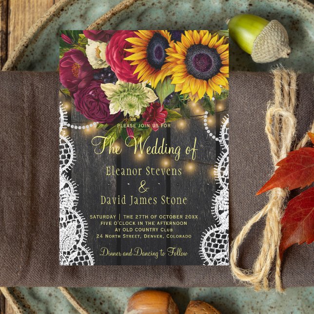 Invitation Tournesols et rose vintage mariage en bois rustiqu (Créateur téléchargé)