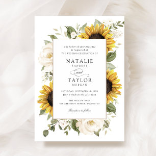 Invitation Tournesols Fleurs Blanches Verdure Cadre Mariage
