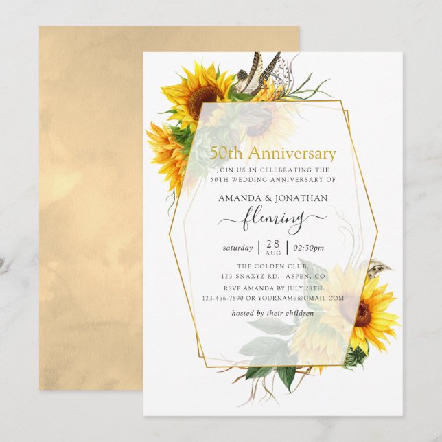 Invitation Tournesols Géométrique 50e Anniversaire de Mariage (Devant / Derrière)
