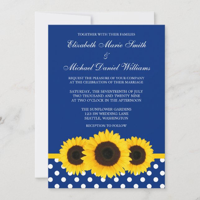 Invitation Tournesols jaunes bleus et mariage blanc de point (Devant)