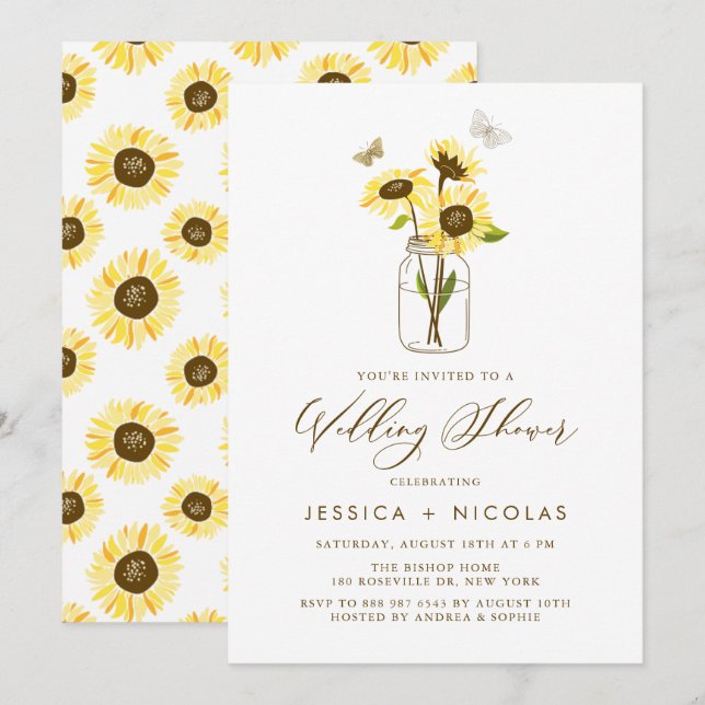 Invitation Tournesols jaunes dans un Wedding shower Mason Jar (Devant / Derrière)