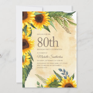Invitation Tournesols jaunes rustiques 80e anniversaire
