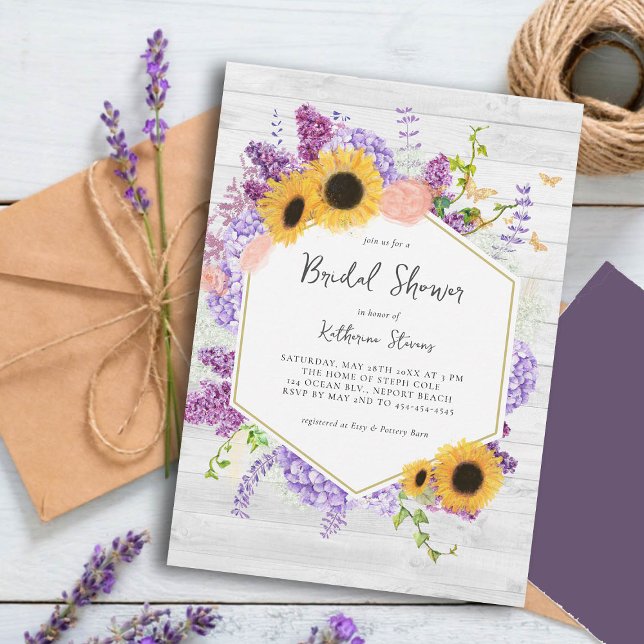 Invitation Tournesols Lilac Hexagon Fête des mariées rustique (rustic bridal shower invitation sunflowers lilac hydrangea butterflies hexagon wood board country)