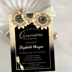Invitation Tournesols Pailletés Or, Verre à Vin Quinceanera