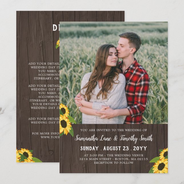 Invitation Tournesols Photo Personnalisée Deux En Un Mariage (Devant / Derrière)