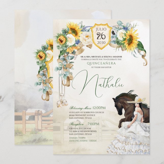 Invitation Tournesols Roses blanches Charra Quinceanera Ouest (Devant / Derrière)