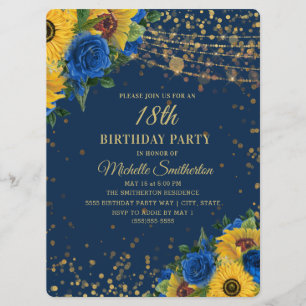 Invitation Tournesols Roses Bleues Or Paillettes 18e Annivers
