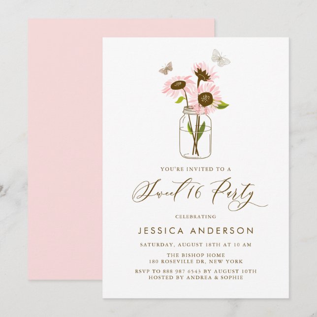 Invitation Tournesols roses dans Mason Jar Sweet sixteen rust (Devant / Derrière)