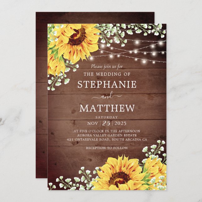 Invitation Tournesols rustiques Babys Mariage (Devant / Derrière)
