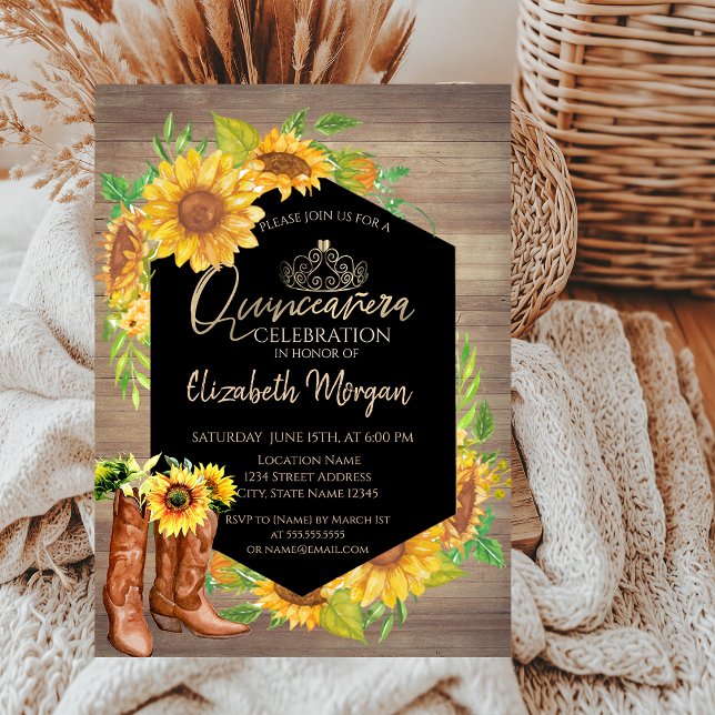 Invitation Tournesols rustiques Bois Quinceañera (Créateur téléchargé)