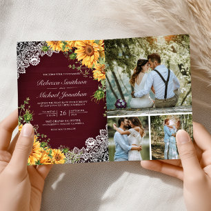 Invitation Tournesols Rustiques Bourgogne Bois Code QR Mariag