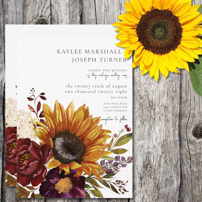 Invitation Tournesols Rustiques d'été & Bourgogne Floral (Créateur téléchargé)