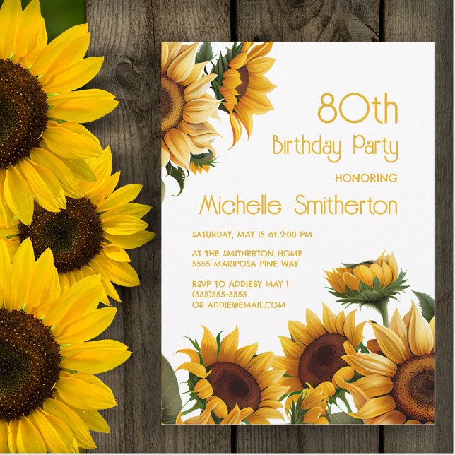 Invitation Tournesols rustiques élégants 80e anniversaire (Sunflowers on white 80th birthday party invitation)
