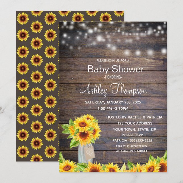 Invitation Tournesols rustiques et Baby shower de jarre (Devant / Derrière)
