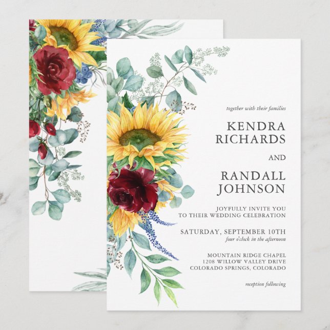 Invitation Tournesols rustiques et Mariage Floral Rose (Devant / Derrière)