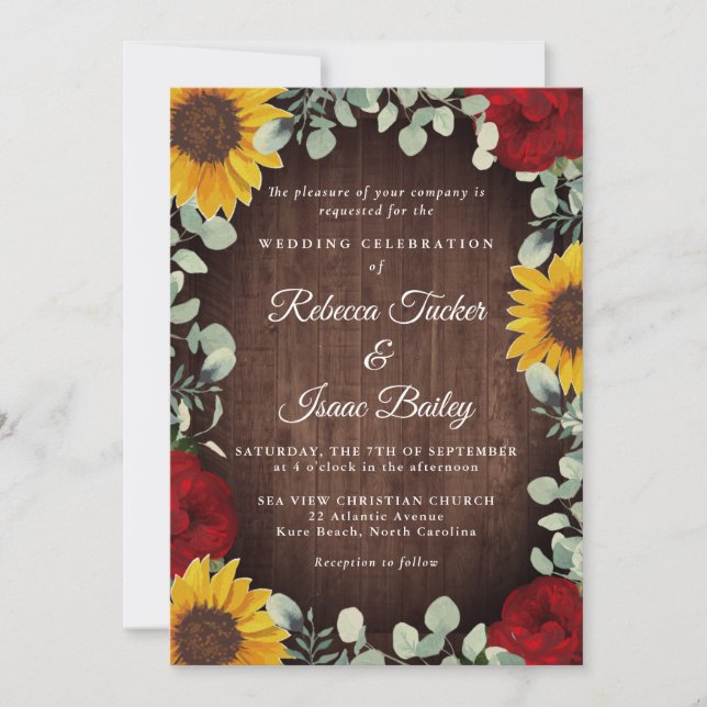Invitation Tournesols rustiques Eucalyptus Mariage en bois ro (Devant)