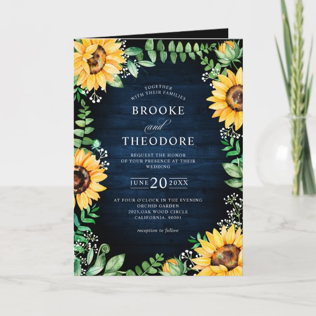 Invitation Tournesols rustiques Mariage bleu marine (Devant)