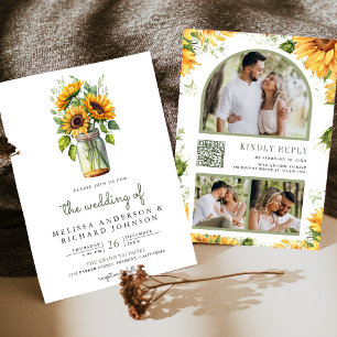 Invitation Tournesols rustiques Mariage Code QR Pot Mason